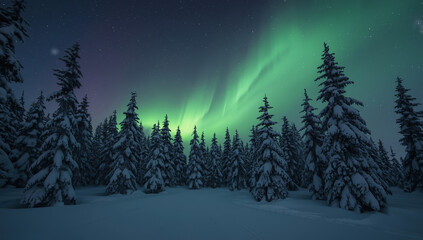 Stunning aurora borealis glowing in vibrant green and purple hues above a deep, snow-covered pine forest. A serene winter night landscape capturing the beauty of the northern lights