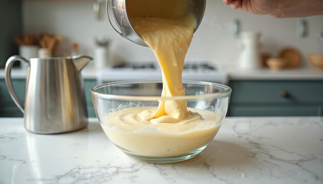 Pouring thick yellow cake batter into glass bowl. Kitchen counter prep for baking dessert. Ingredients mixed for homemade pastry. Sweet food creation process.
