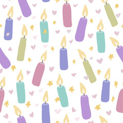 Colorful candles with hearts and stars vector seamless pattern