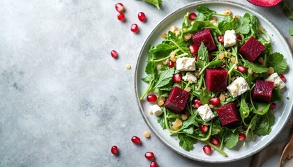 Arugula beetroot salad with feta cheese, pomegranate seeds on grey stone background. Healthy fresh green salad with beet cubes and cheese. Gourmet dish for lunch, dinner, diet concept.