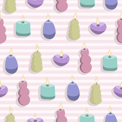 Colorful candles on a striped background vector seamless pattern