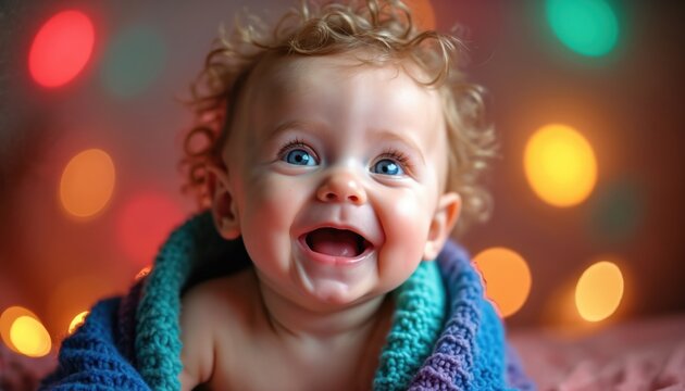 Cute baby with curly blond hair laughs out loud, wrapped in a warm colorful knit blanket. Bright bokeh lights glow in background. Innocent infant smiles widely, showing pure happiness, big blue eyes.