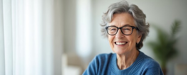 Older woman with gray hair, black glasses smiles. Cheerful senior lady wears blue sweater. Looks happy, positive, healthy, content in comfortable home. Joyful elder enjoys life with grace. Great for