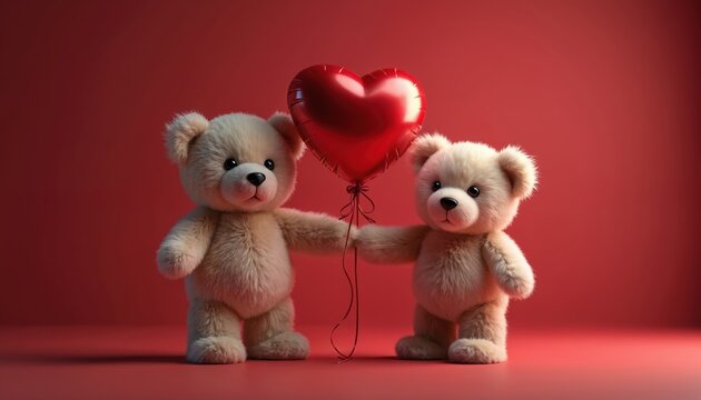 Two cute teddy bears hold hands sharing a red heart balloon. They stand on a plain red background. This image shows friendship love or valentines day.