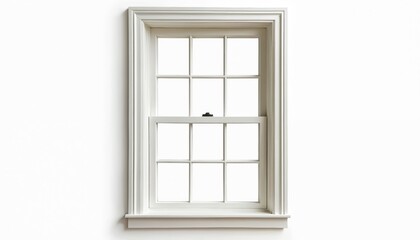 Obraz premium Classic double hung window isolated. White framework surrounds panes. Interior design element illustration. Suitable for architectural renders. Window frame on white wall. Construction materials