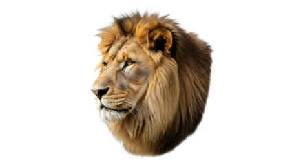 Majestic male lion head profile with golden mane and amber eyes, isolated on a white or transparent background, cutout, PNG