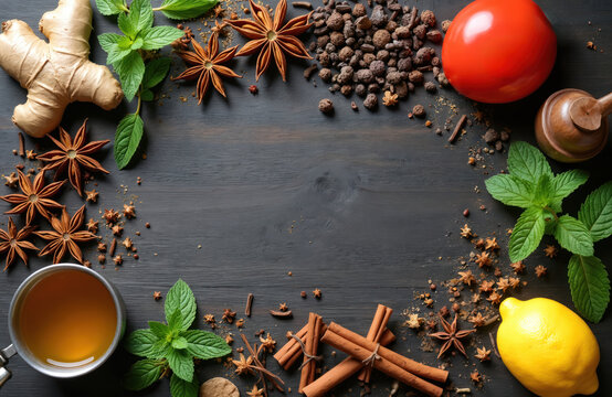 Composition of traditional chinese medicine products. Herbs ingredients, spices, tea cup on dark wood. Natural remedies for wellness, healthy life. Alternative medicine concept for healthy lifestyle. - Powered by Adobe