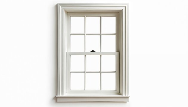 Classic double hung window isolated. White framework surrounds panes. Interior design element illustration. Suitable for architectural renders. Window frame on white wall. Construction materials
