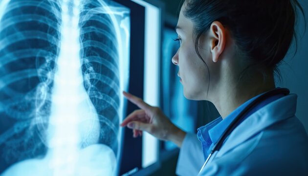 Female doctor examines lung x-ray scan in hospital office. Physician studies radiography image for diagnosis. Medical professional checks chest radiography results at clinic. Healthcare concept.