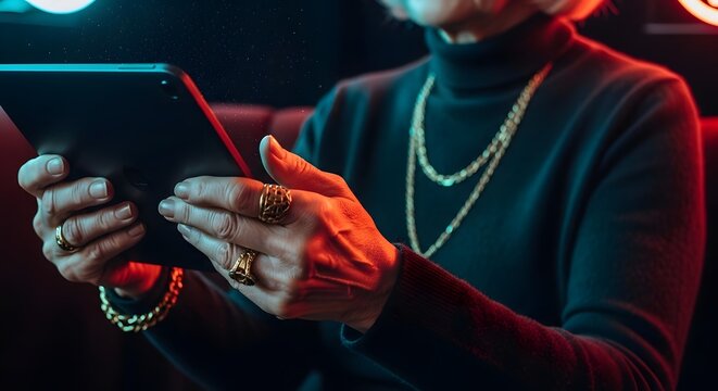 Black Friday banner close up of senior woman hands holding tablet
