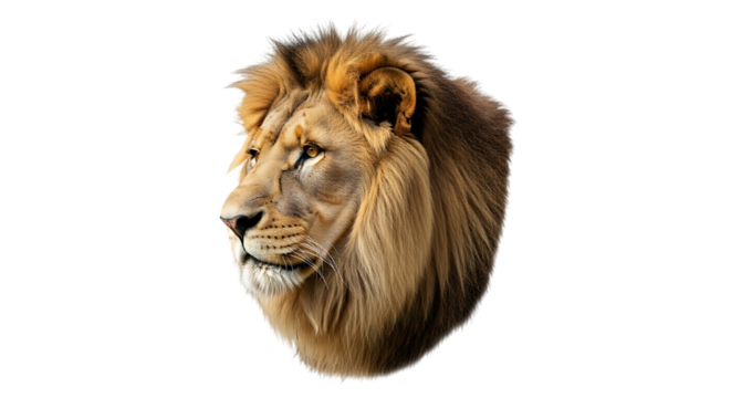 Majestic male lion head profile with golden mane and amber eyes, isolated on a white or transparent background, cutout, PNG