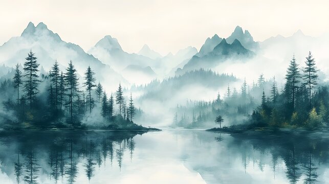 A serene watercolor landscape featuring misty mountains and a reflective lake surrounded by evergreen trees, creating a tranquil and atmospheric scene perfect for wall art and decor projects.