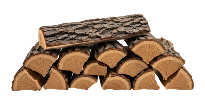 Stacked cut logs with rough bark and visible wood grain patterns, isolated on a white or transparent background, cutout, PNG
