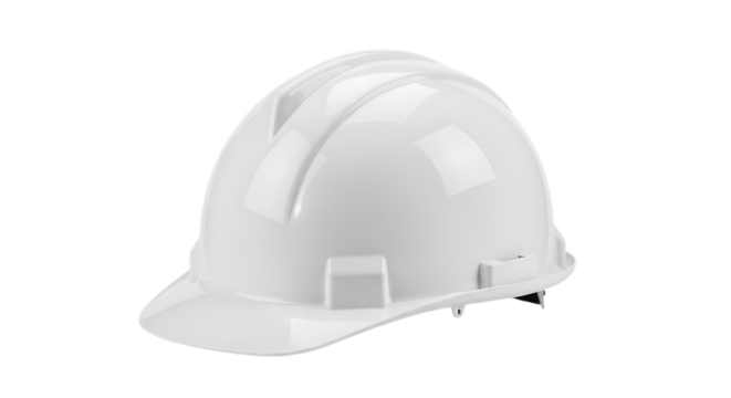 White Hard Hat Safety Helmet with Brim and Ridge Detail, isolated on a white or transparent background, cutout, PNG