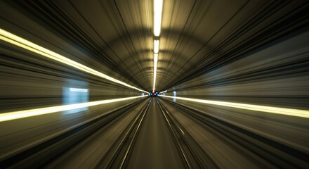 Streaks of light blur through a dark, modern tunnel, suggesting rapid motion