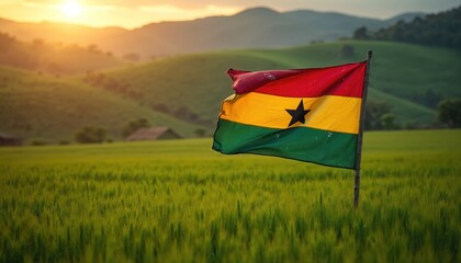 Ghana flag waving in the wind. Country symbol on green field in sunlight. African nation national colors on farm land. Concept of agriculture harvest patriotism at sunset.