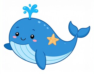 Cute Cartoon Whale with Starfish and Water Spout Illustration.