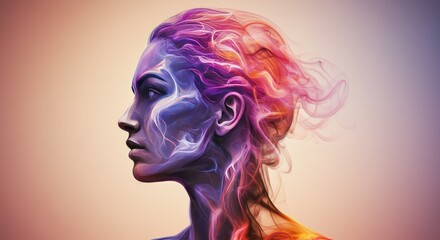 A side-profile of a woman morphs into colorful wisps of smoke-like energy. The background gradients from peach to purple