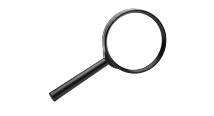 A black handled magnifying glass with a large circular lens showing a bright white area, isolated on a white or transparent background, cutout, PNG