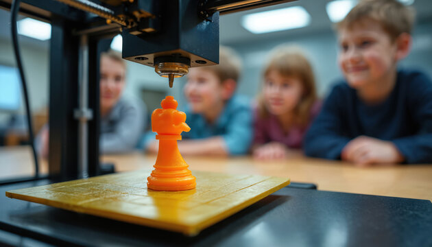 Children watch 3D printer create orange chess piece in lab class. Kids learn STEM, design, and making with modern tech equipment and prototyping.