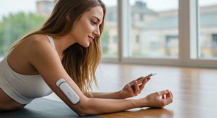 Woman using wearable health monitor with smartphone on yoga mat