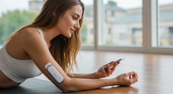 Woman using wearable health monitor with smartphone on yoga mat