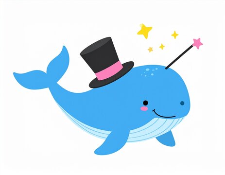 Whimsical Narwhal Magician with Top Hat and Magic Wand Illustration.