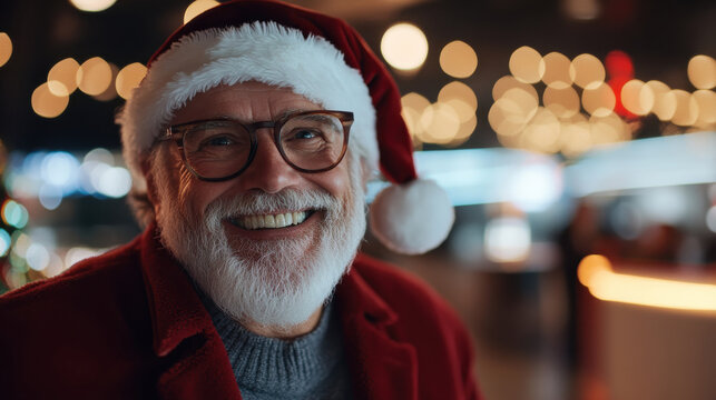 A cheerful elderly man with glasses and a Santa hat smiles warmly against a blurred festive background, embodying the spirit of joy and togetherness during the holiday season.