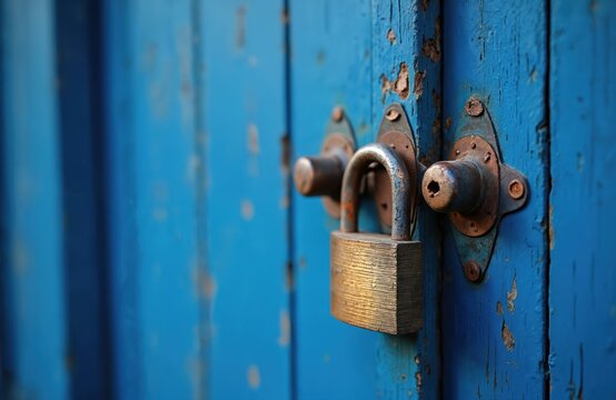 Rusty padlock and hasp on a weathered blue wooden door. Close up detail of exterior lock mechanism. Secure entry or access point, old building access detail.