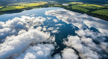Aerial view showcases a vast lake reflecting puffy white clouds and blue sky, bordered by green fields, hills, and trees