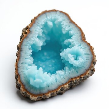Blue Larimar gemstone geode on pure white background. Half cut Caribbean mineral inner crystal structure, vibrant aqua color inside. Stone shows natural beauty. Raw pectolite rock displayed. Earth