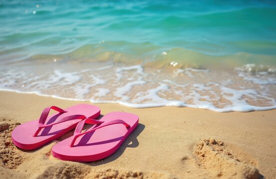 Pink flip flops lie on sandy beach. Sea water washes shore. Summer vacation vibe. Coastal travel concept. Tropical holiday scene with shoes on shore. Relaxation at ocean resort is ideal.