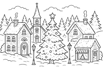 Christmas village line art illustration, church, houses, pine trees in a snowy winter scene, with a christmas tree in the middle. Vector png illustration, coloring page