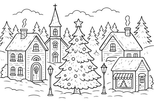 Christmas village line art illustration, church, houses, pine trees in a snowy winter scene, with a christmas tree in the middle. Vector png illustration, coloring page