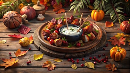 A vibrant autumnal feast arranged artfully on a rustic wooden table, featuring tender vegetable and meat skewers smothered in creamy yogurt sauce, su