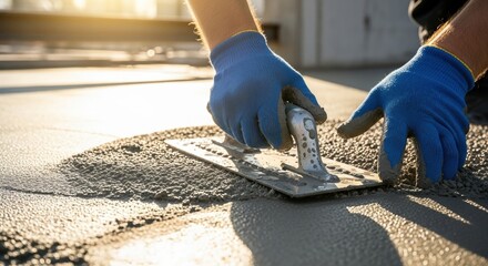 Close up of a construction worker's gloved hands smoothing wet concrete with a trowel, rough texture, industrial setting, sunlight hitting the surface, detail oriented 