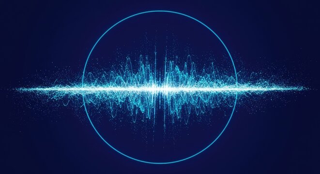 A glowing, ethereal waveform pulsing at the center of a circle against a dark, saturated blue backdrop