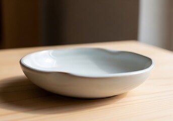 Serene ceramic dish rests elegantly upon a natural wood surface