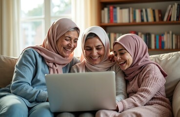Three smiling women from an Arab family enjoy laptop computer at home. They wear headscarves. Mother grandmother and daughter look at device screen together indoors.