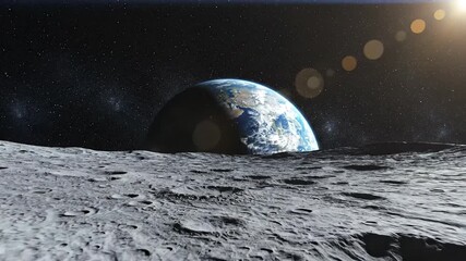 Breathtaking view of Planet Earth rising over the cratered lunar horizon as the sun shines in the vast expanse of space - Powered by Adobe