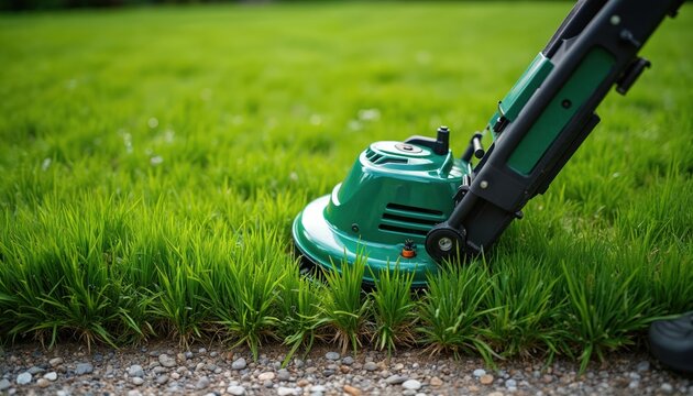 Green grass trimmer cuts overgrown lawn edges. This tool aids in garden upkeep and neatening yard borders. Essential for lawn care and maintaining a tidy outdoor space during warm weather seasons.