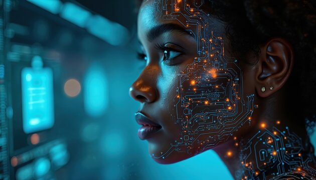 Black woman with tech overlay looking at digital screen. AI concept computer system design. Cybersecurity expert at workplace. Digital transformation future innovation. - Powered by Adobe