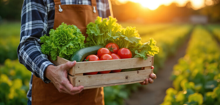 Farmer holds wooden crate with fresh tomatoes lettuce and cucumber. Sunset illuminates abundant organic produce from farm garden field. Healthy food collection. - Powered by Adobe