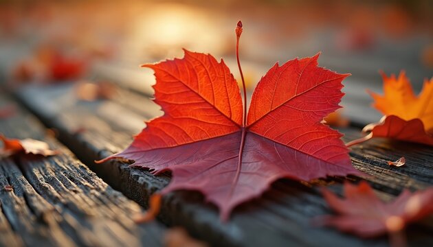 Bright red maple leaf rests on old wooden planks. Warm sun shines on vibrant orange, yellow leaves scattered across ground. Fall season brings beautiful colors to forest nature, celebrating seasonal