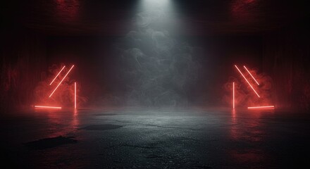 Dark, smoky room with red neon lights and a spotlight