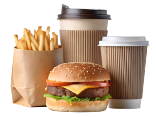 Collection and delivery food background with fast food items. Fast food concept with burgers, fries, and drinks.