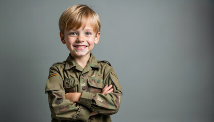 Blond young boy poses in military uniform smiling. Portrait of cute child shows pride and patriotism. Happy kid dressed in camouflage. Boy crosses arms against grey background.