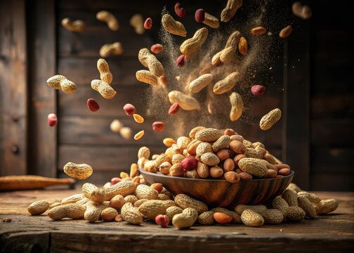 A cascade of shelled peanuts spills onto a mountain of broken halves and fragments in a rustic kitchen scene