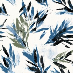 Naklejka premium Hand-painted abstract leaves seamless pattern in blue and green strokes on white background for textile, print, wallpaper, fabric.