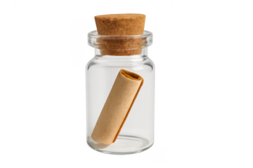 Message in bottle with scroll on transparent background